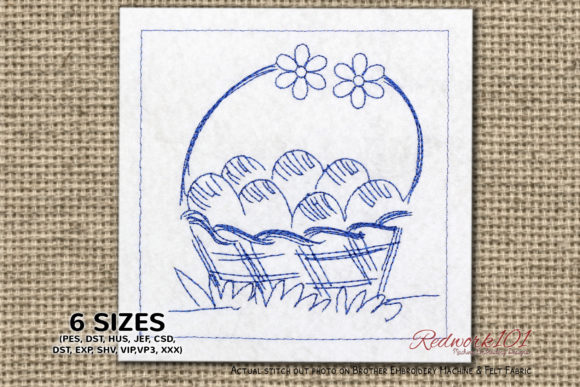 Easter Basket with Floral Handle Redwork